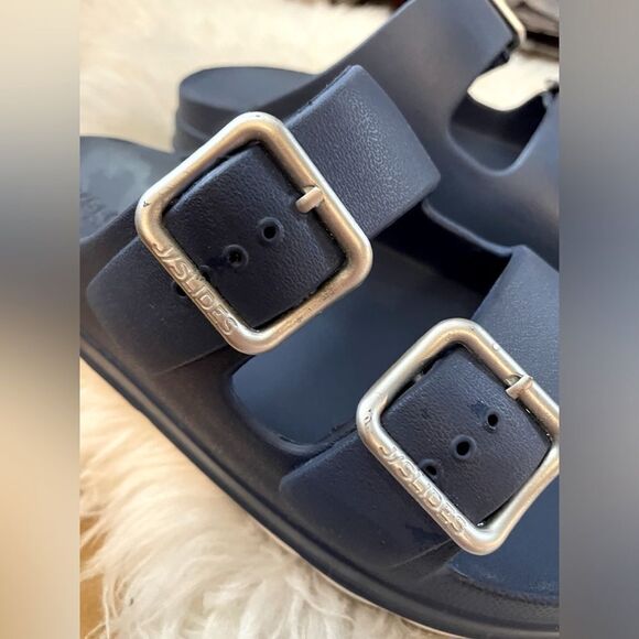 J/Slides Simply B Dual-Buckle Beach Platform Slides Sandals Navy Blue 9 - Picture 3 of 6